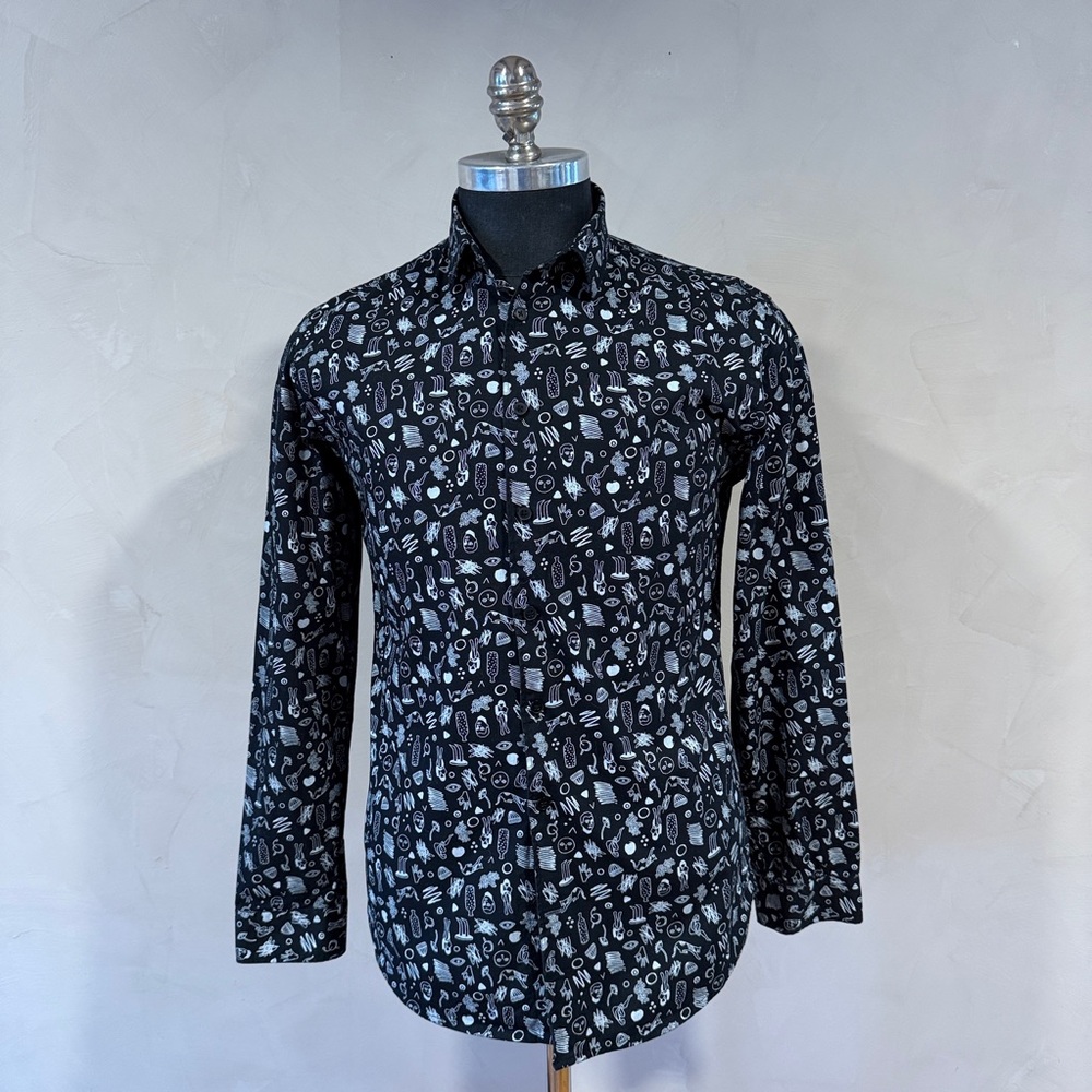 Frank & Oak Black Patterned Button Down Shirt Abstract Print